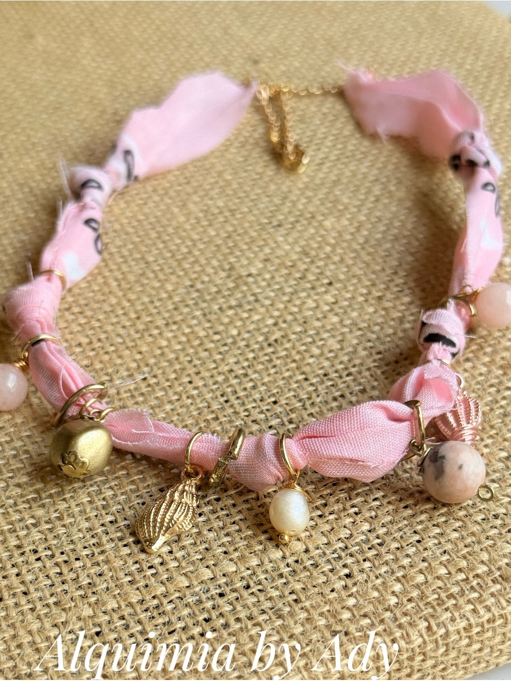 Fall essentials Pink Ribbon Charm Necklace with Gold Accents